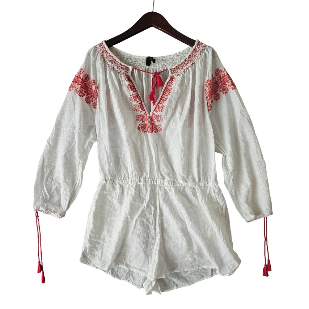 J. Crew Embroidered Romper White Red Bohemian Festival Tassel Tie Long Sleeve L